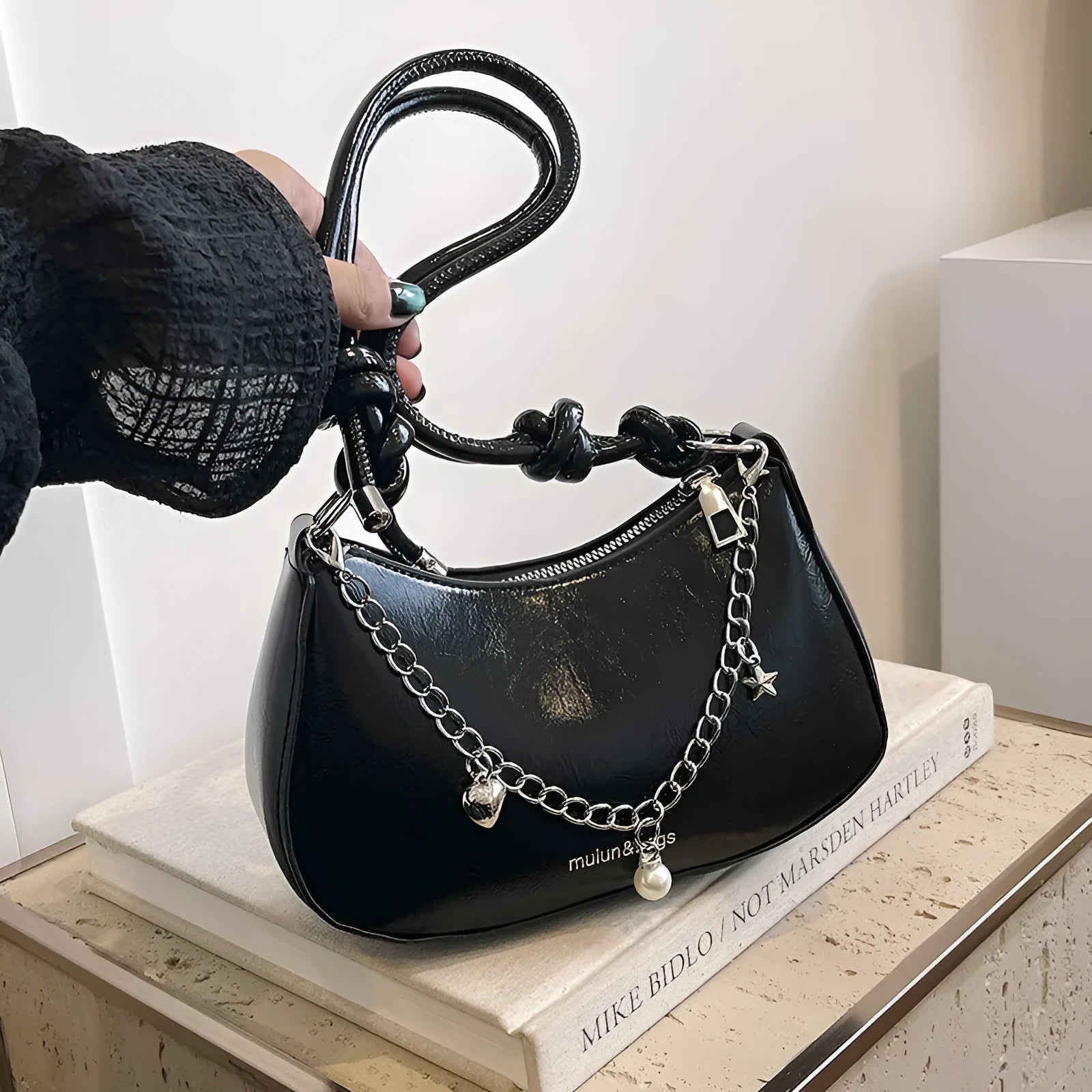 PU one-shoulder crossbody commuter bag horizontal square shape with chain accent in black