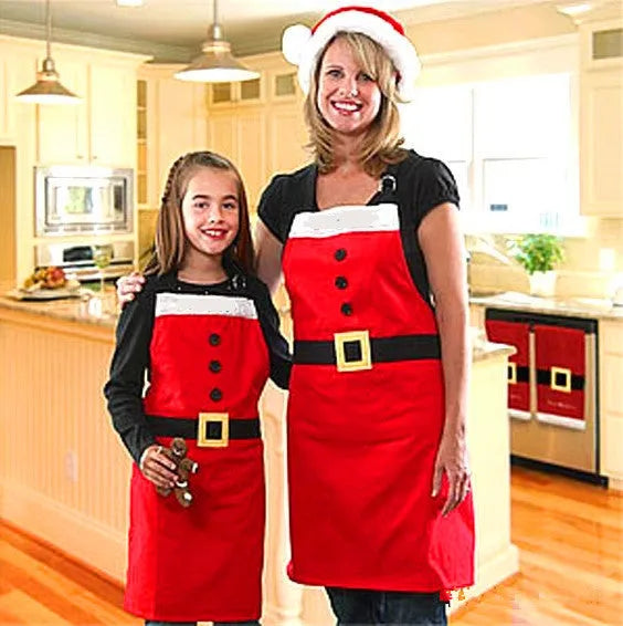 Red Merry Christmas apron in adult and children's sizes with adjustable straps