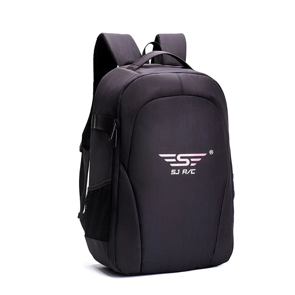 Black waterproof drone backpack with internal camera and laptop organisers showing multiple zipper compartments
