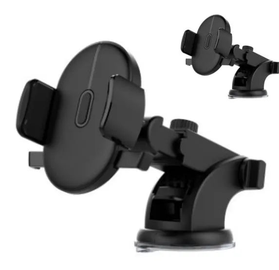 Yellow and black telescopic car phone holder with suction cup mount extended on a dashboard.