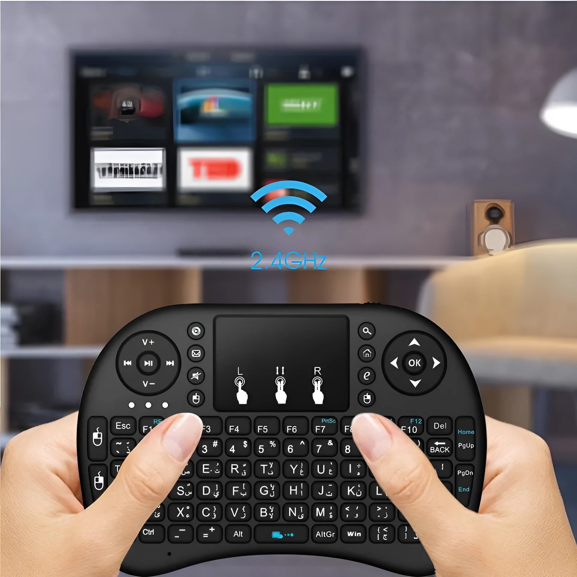 2.4G wireless mini air keyboard with touchpad, 92 QWERTY keys, black casing, 15m range