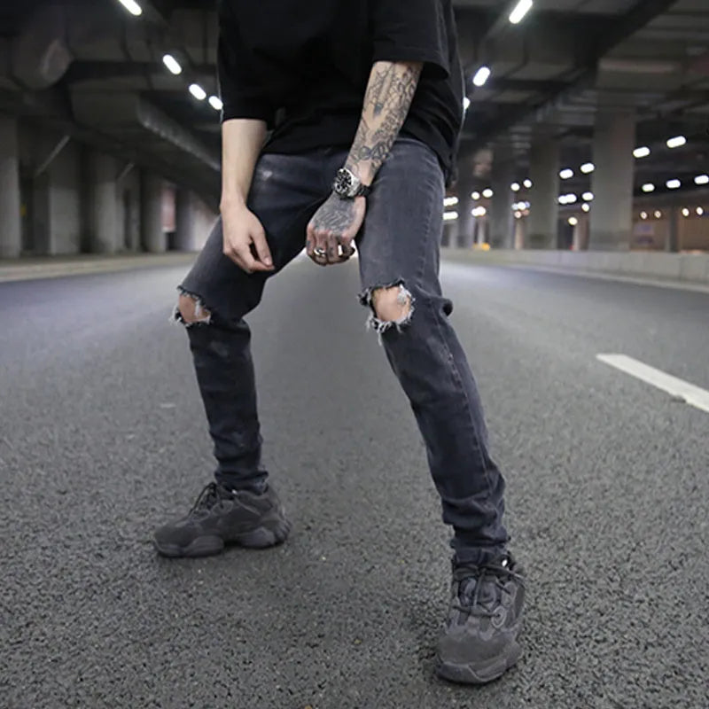 Grey low waist micro-elastic jeans with zip placket, sizes 30-36, youth leisure trousers