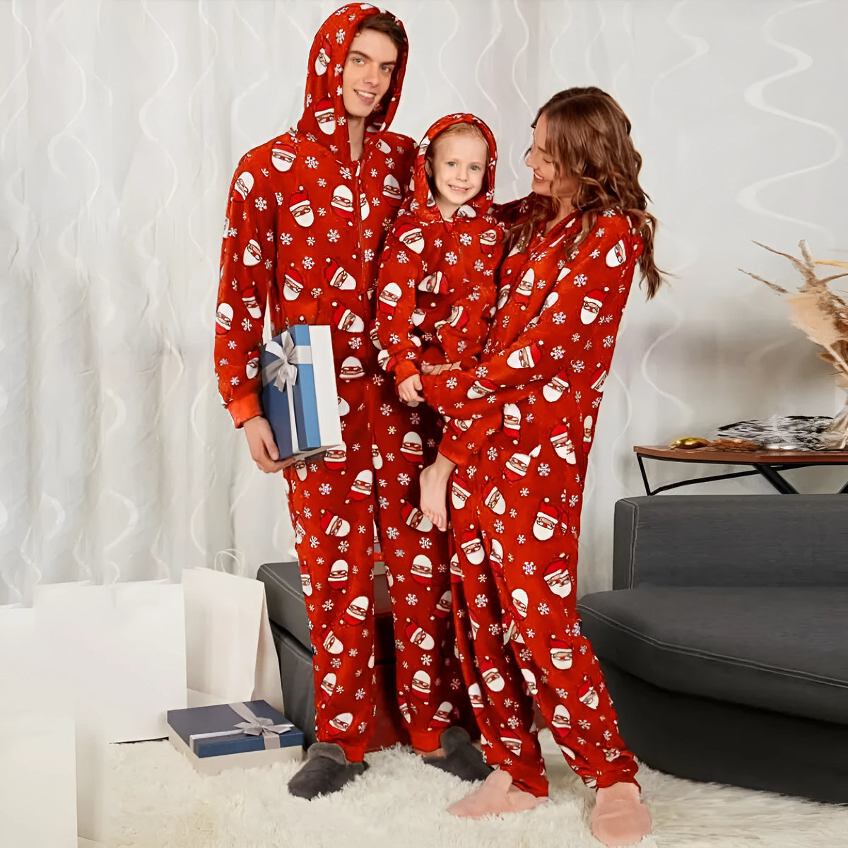 Family matching Christmas onesie in blue or red, hooded long-sleeve polyester knit jumpsuit for kids and adults