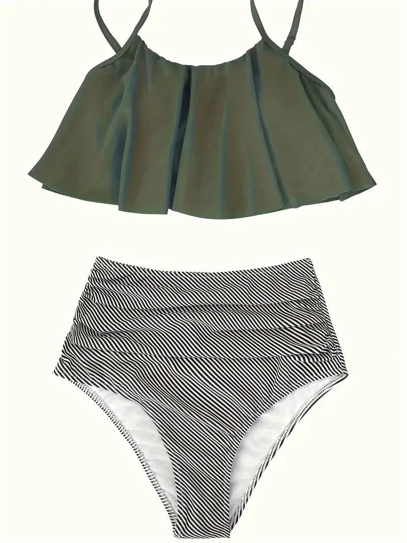 Women's conservative high-waisted swimsuit with ruffle detail and split bottom in polyester fabric