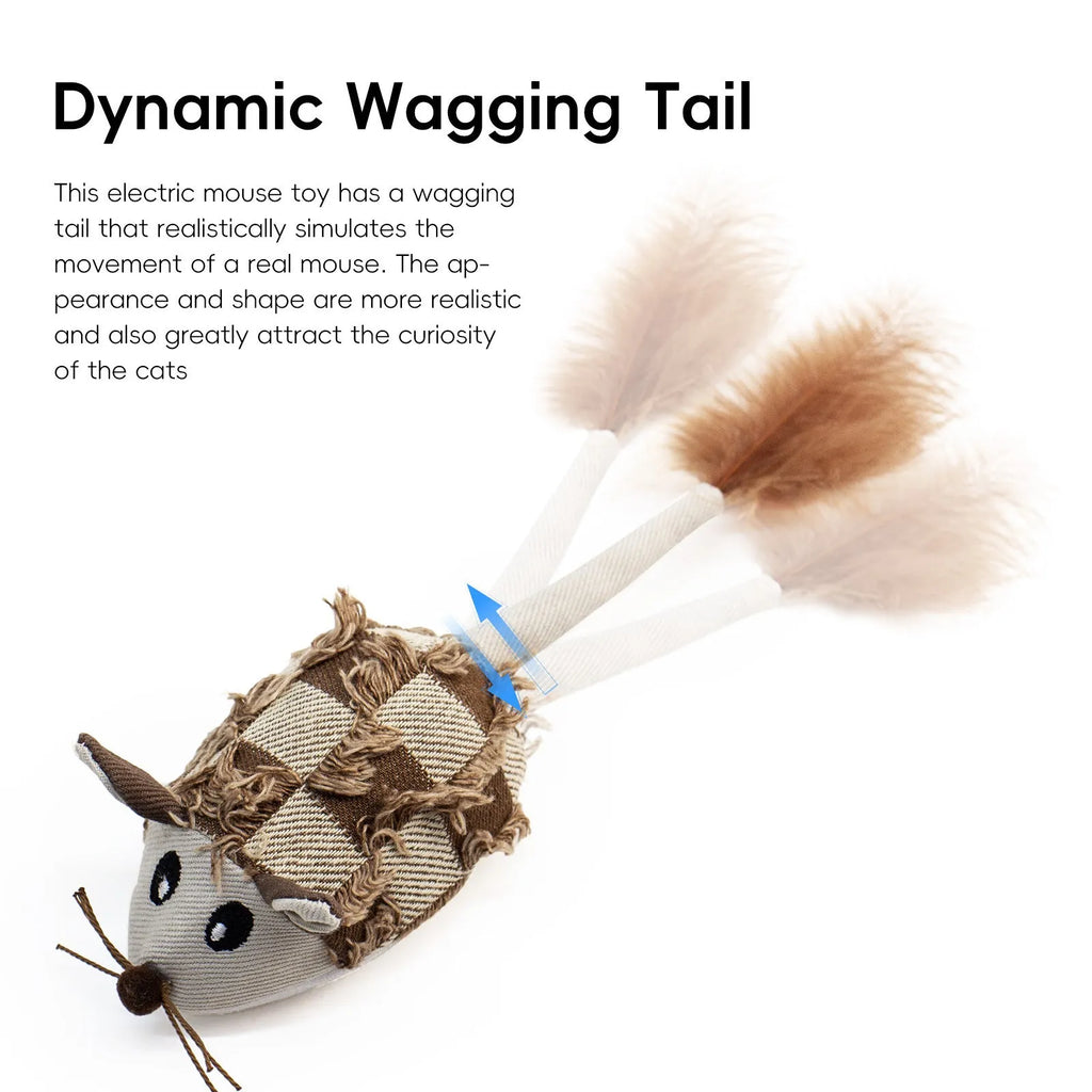 Electronic moving mouse cat toy with feather tail in blue or yellow colours, showing 18cm dimensions