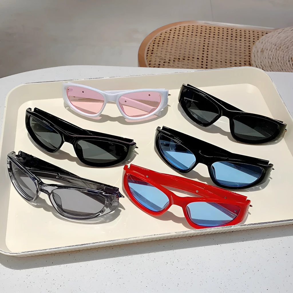 Outdoor sports sunglasses with windproof polycarbonate lenses in a special-shaped frame, shown in black with blue lenses.