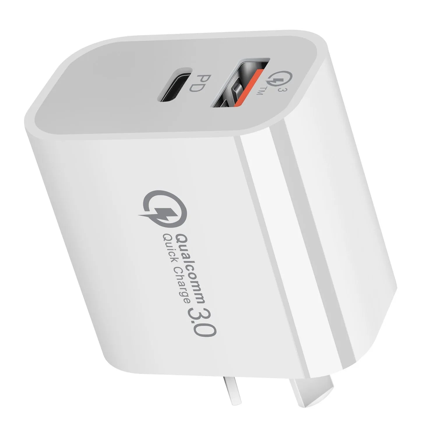 White Australian dual port USB charger with Type-A and Type-C interfaces