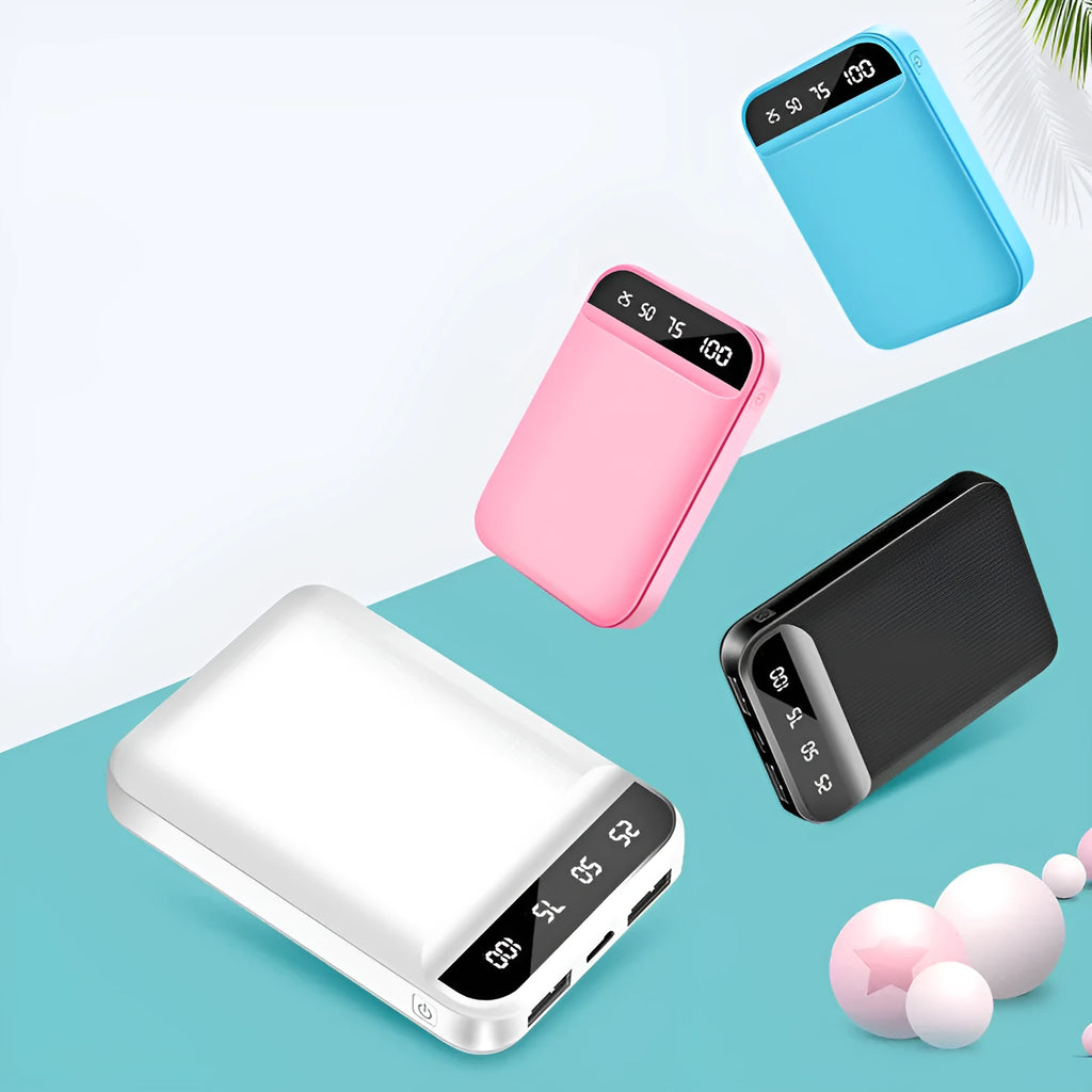 Compact rectangular power bank in multiple colours showing USB ports on side.