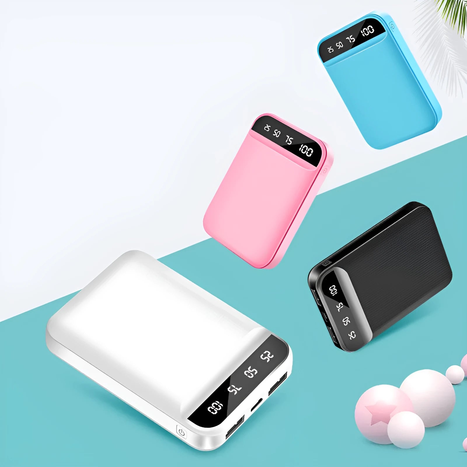 Compact rectangular power bank in multiple colours showing USB ports on side.