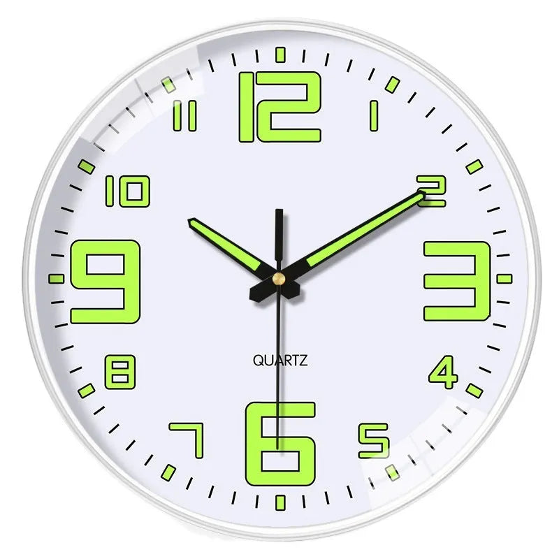 Modern white 8 inch wall clock with luminous numerals on plastic shell