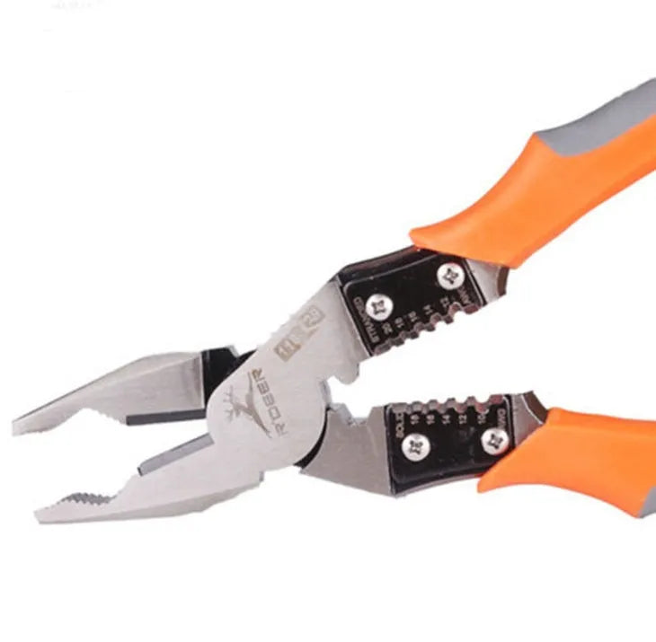 Orange handled multi-function wire cutter pliers with chrome steel head on a workbench.