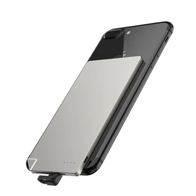 Silver aluminium graphene power bank showing slim 4mm profile with Lightning and Micro-USB ports