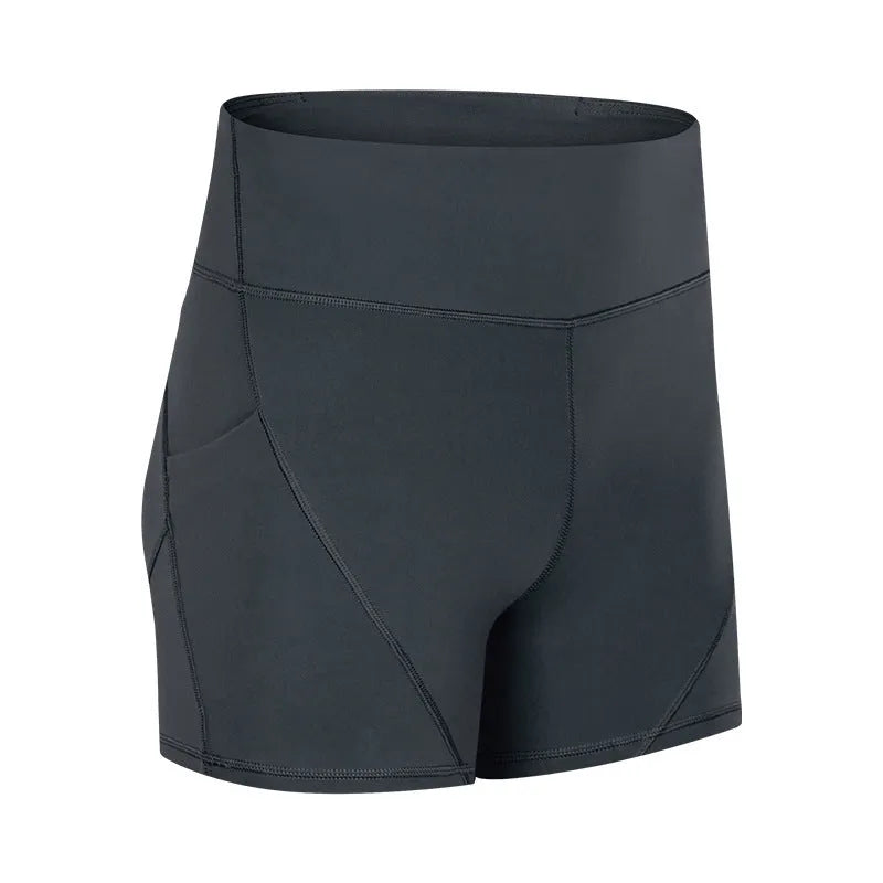 SHINBENE high waisted women's athletic shorts in black with two side pockets, soft cotton blend fabric