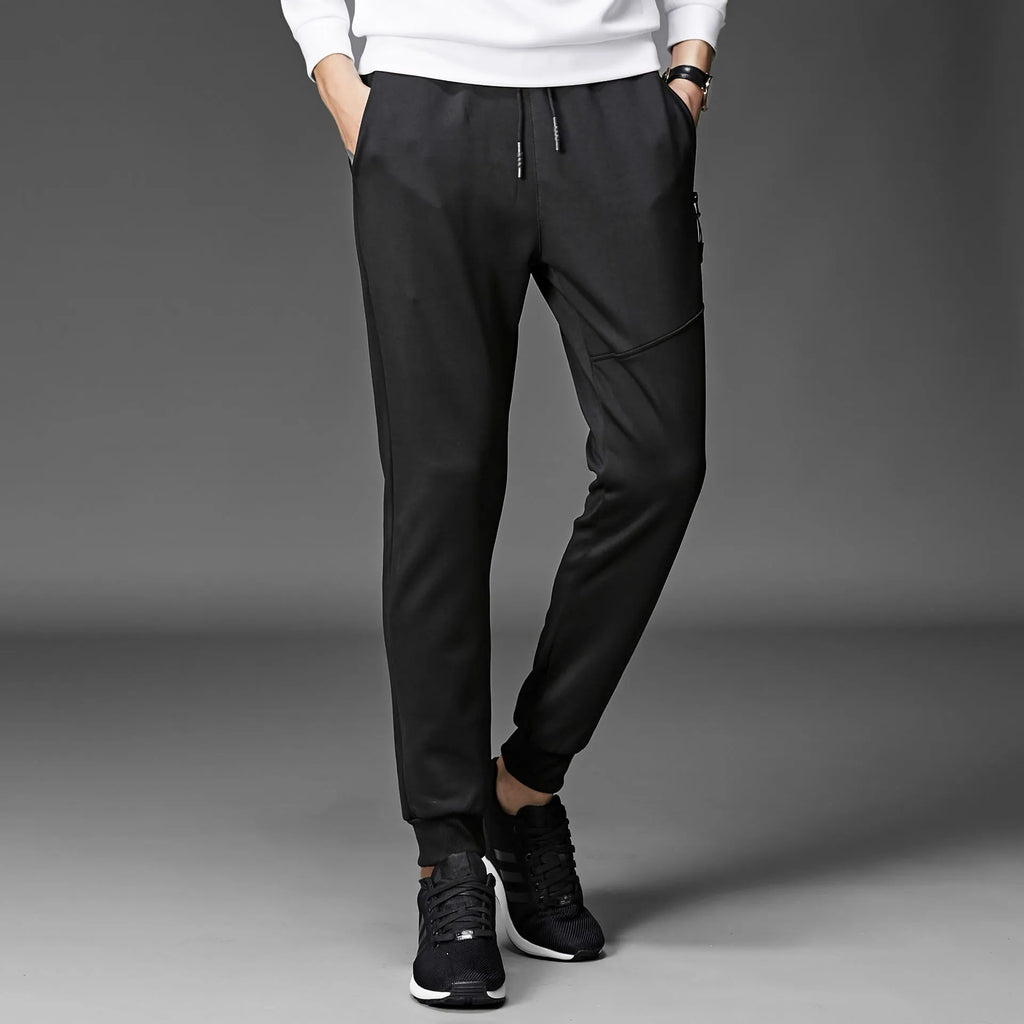 Men's casual fleece-lined cone trousers in black, South Korean silk fabric, winter wear with belt