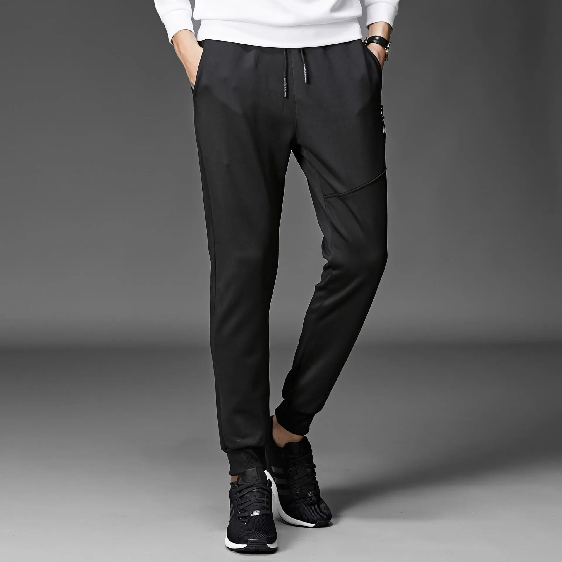 Men's casual fleece-lined cone trousers in black, South Korean silk fabric, winter wear with belt