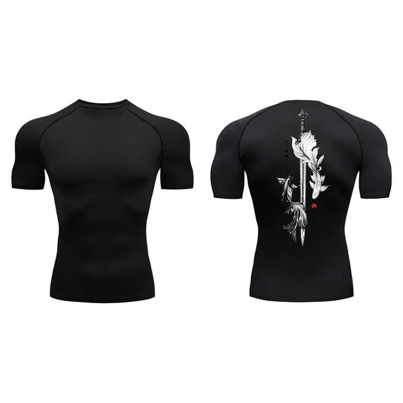 Men's loose fit short sleeve T-shirt featuring a sword pattern print on the front.