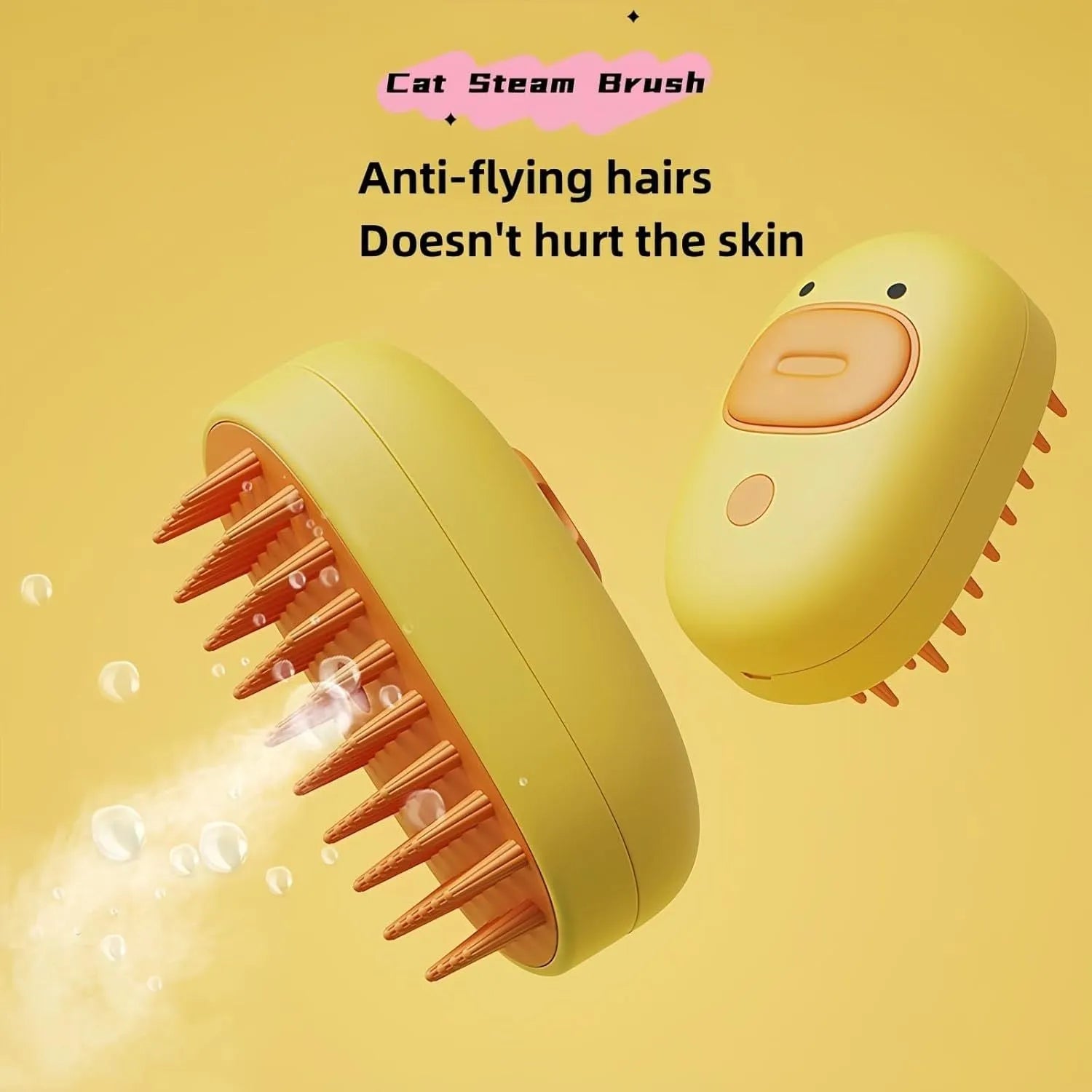 White and yellow rechargeable pet steam brush with rubber comb teeth and water tank