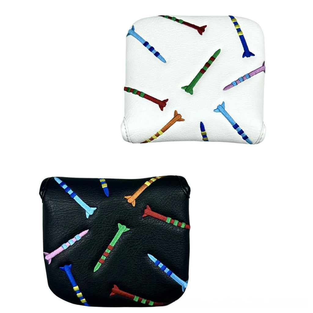 Square black PU leather golf putter sleeve with white rocket pattern design