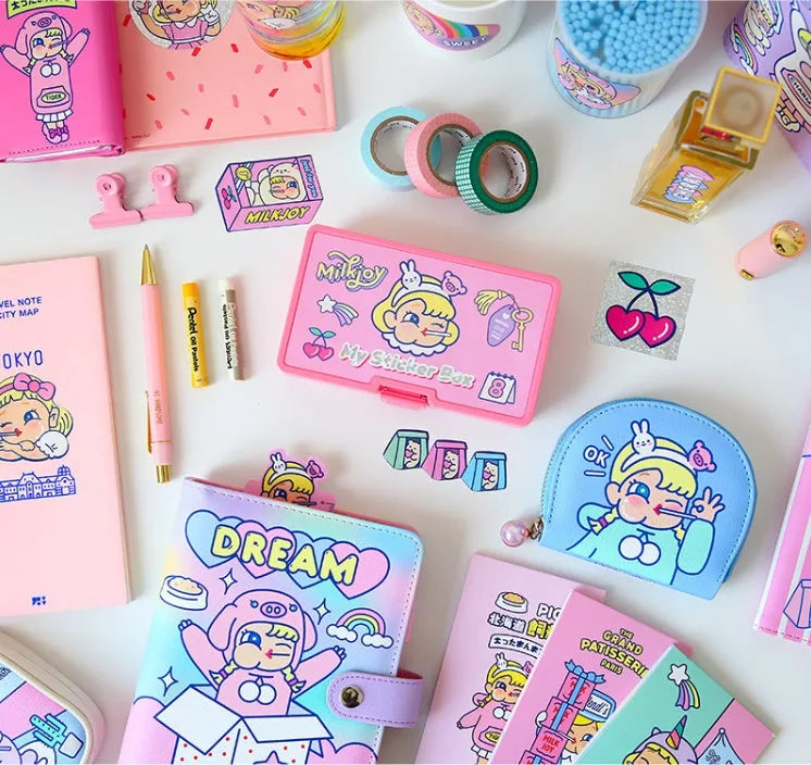 Cartoon sticker sheets with storage box showing 16 PVC comics heart designs for DIY decoration
