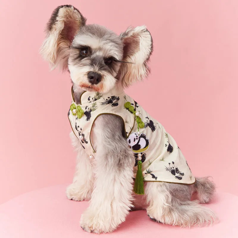 Chinese style sleeveless panda vest for Teddy Schnauzer Bichon in polyester with pendant