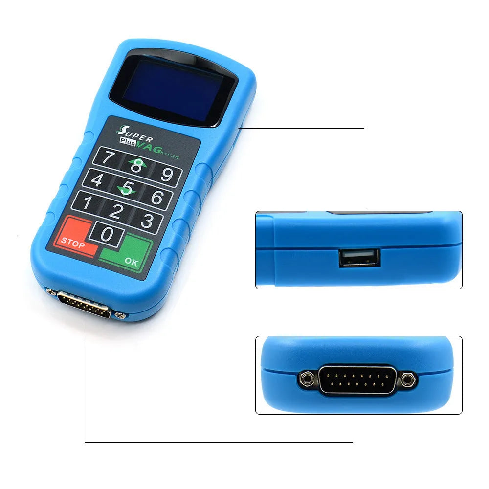 Blue Volkswagen Skoda diagnostic test tool with multi-function digital keyboard and high-resolution screen for VW Audi Seat Skoda vehicles