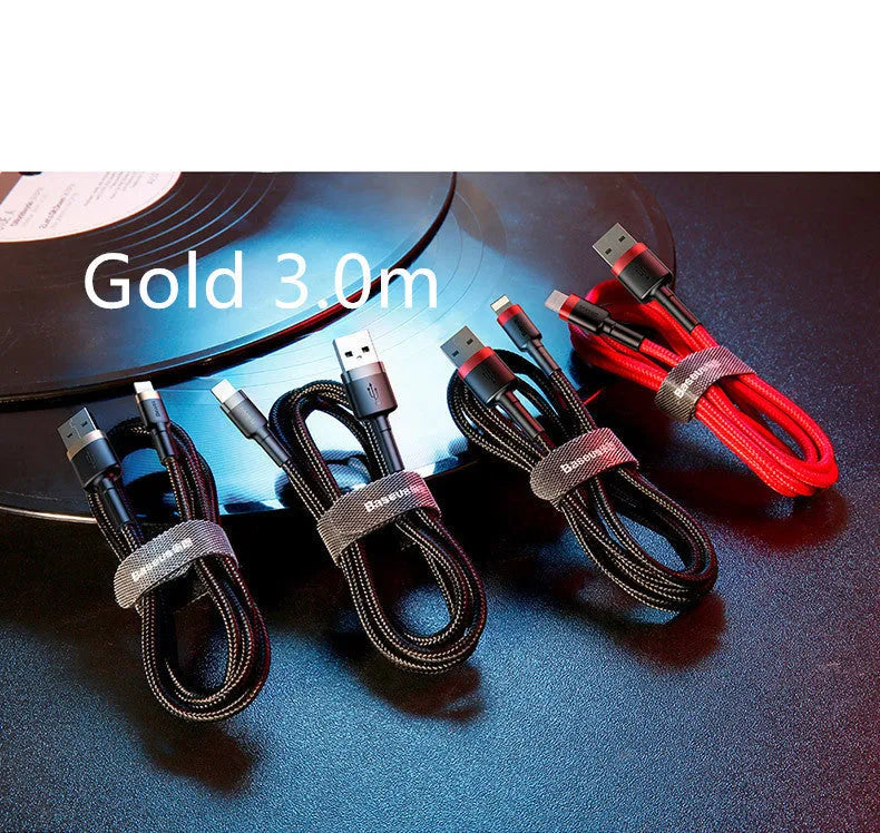 Braided nylon Lightning charging cable for iPhone in red and black colour option, showing 1m length.