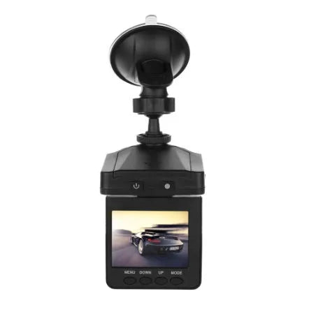 H198 black car dash cam with six infrared lights on front, shown on a windshield.