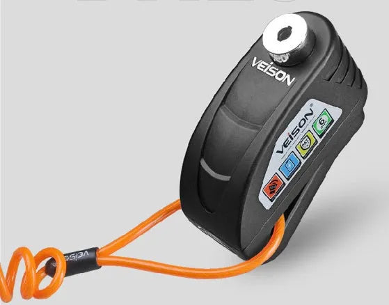 Alloy alarm disc brake lock with 6mm bolt, 55mm slot, Black or Silver, 130dB alarm, three keys