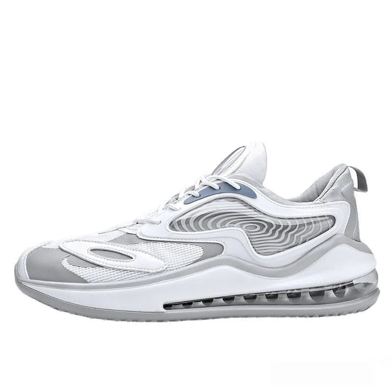 Men's black and white casual sneakers with air cushion sole for height increase.