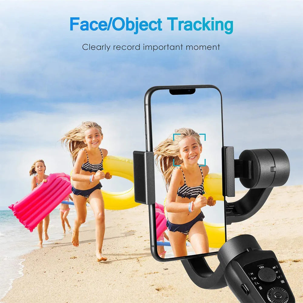 Black three-axis handheld smartphone gimbal stabiliser on a tripod with a hard case.