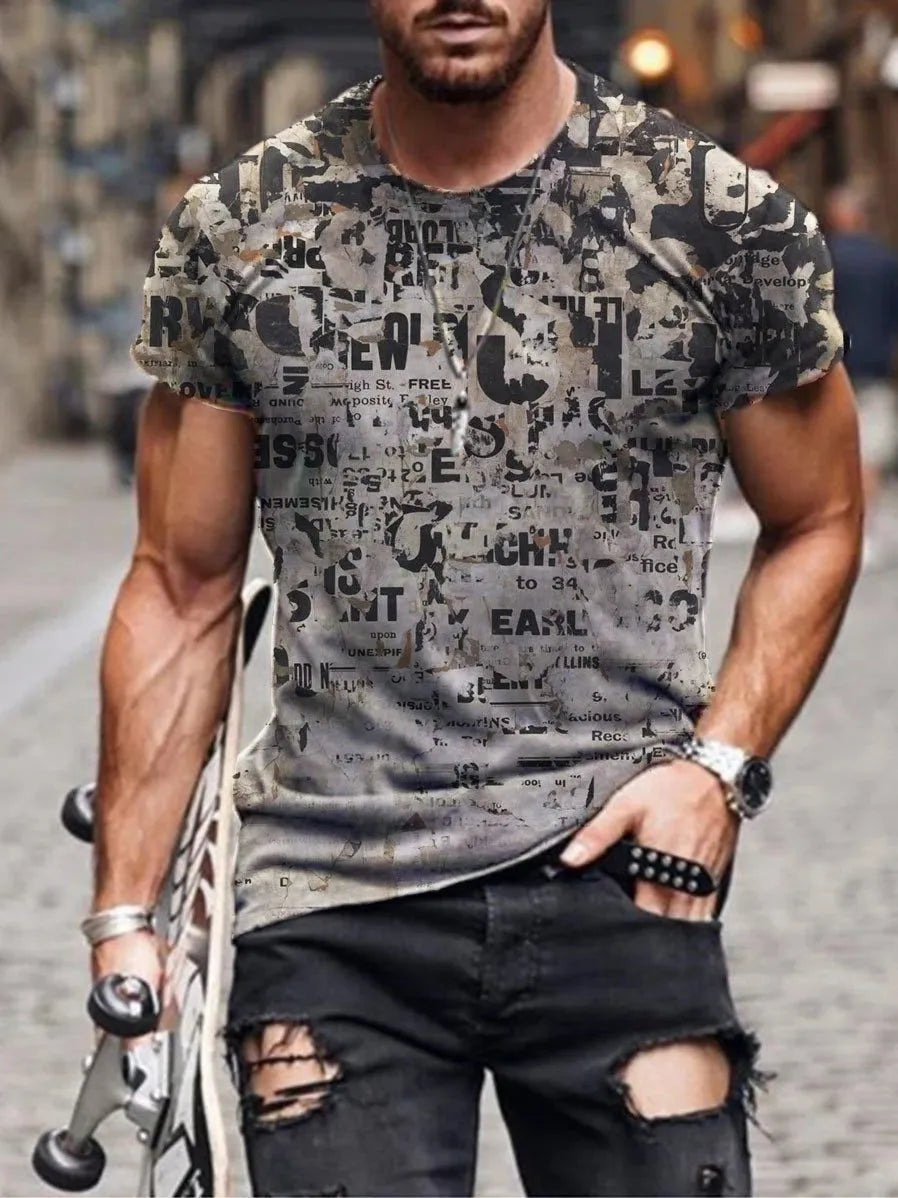 Man wearing a loose-fit camouflage print short-sleeved T-shirt in milk silk fabric.