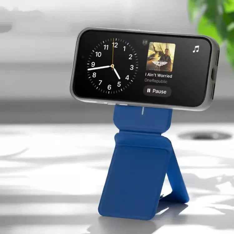 Magnetic mobile phone holder case in MOVAS leather shown in black, blue, green, and grey colour options.