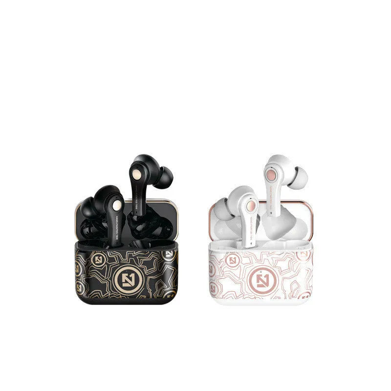 Black and white TWS wireless in-ear headphones with touch controls and a Type-C charging case.
