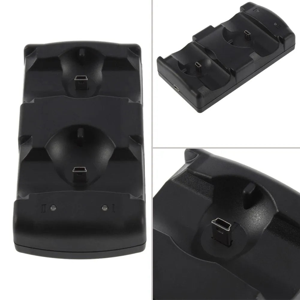 Black PS3 dual charging dock holding two wireless controllers, connected to a PlayStation 3 console with a single USB cable.