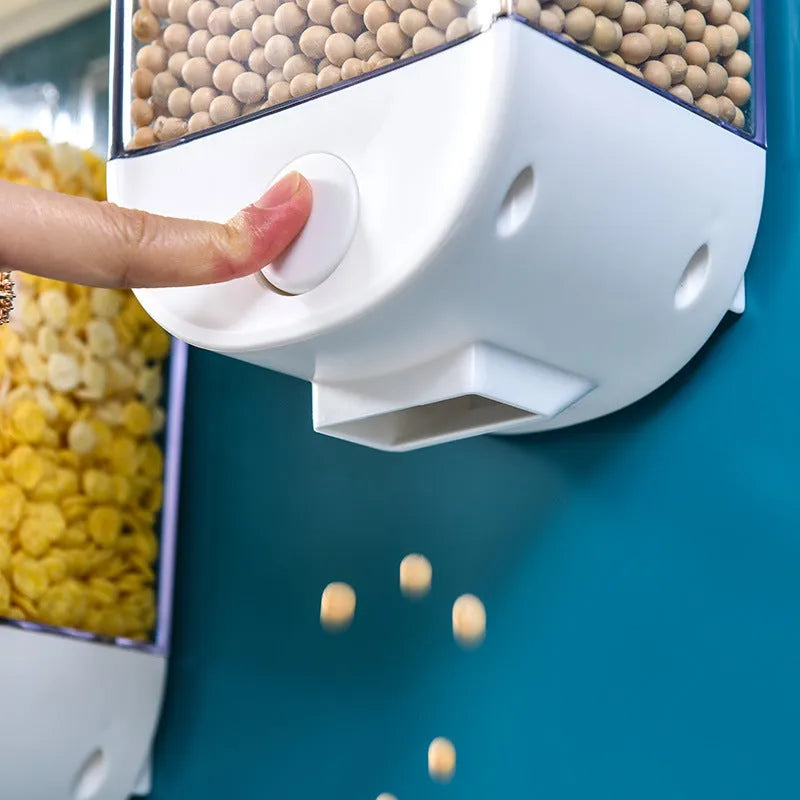 White wall-mounted transparent food storage container with cereal dispenser lid