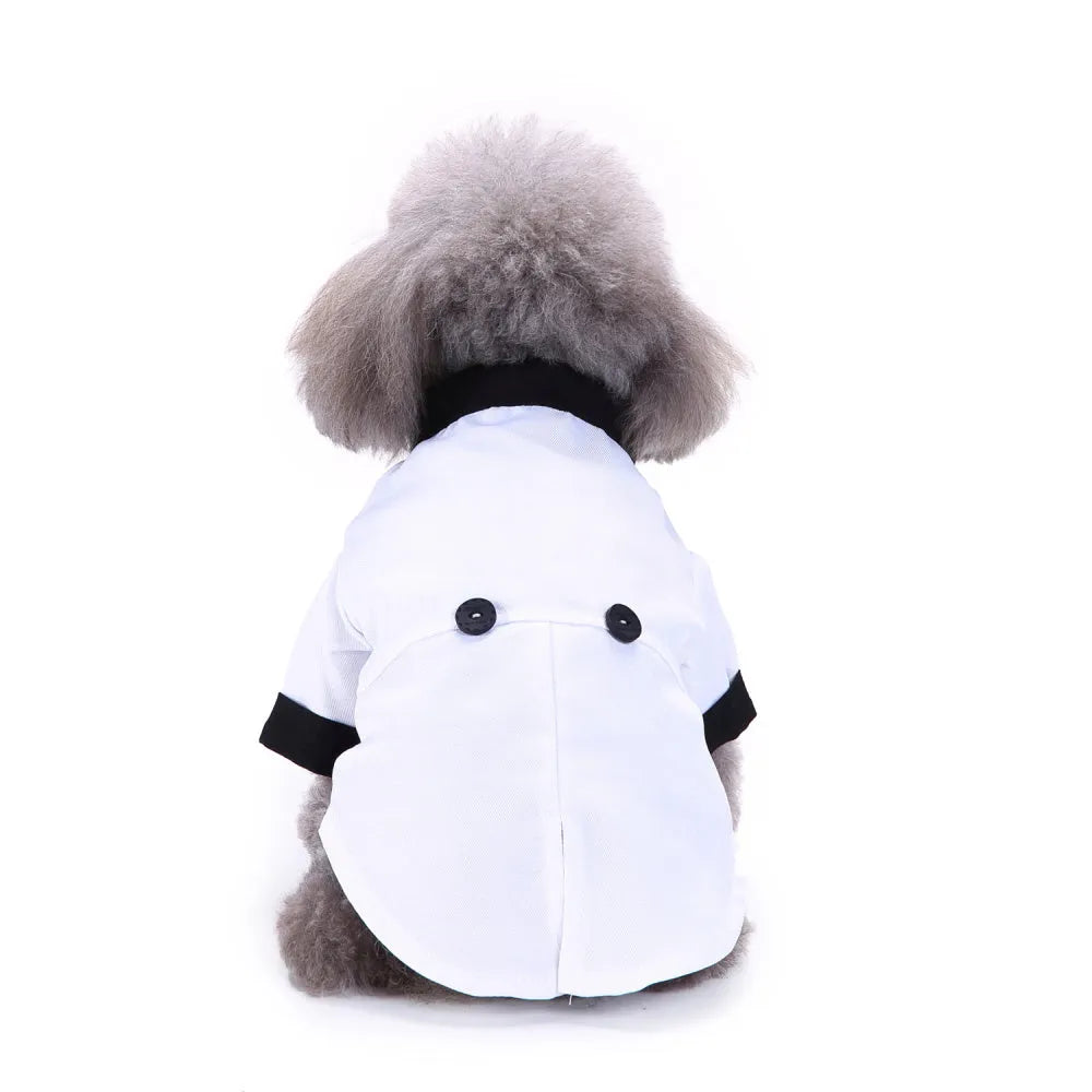 Polyester England style pet dog suit in Black tie, Blue bow tie, Striped dovetail, Striped suit, or White tie, sizes S to XL