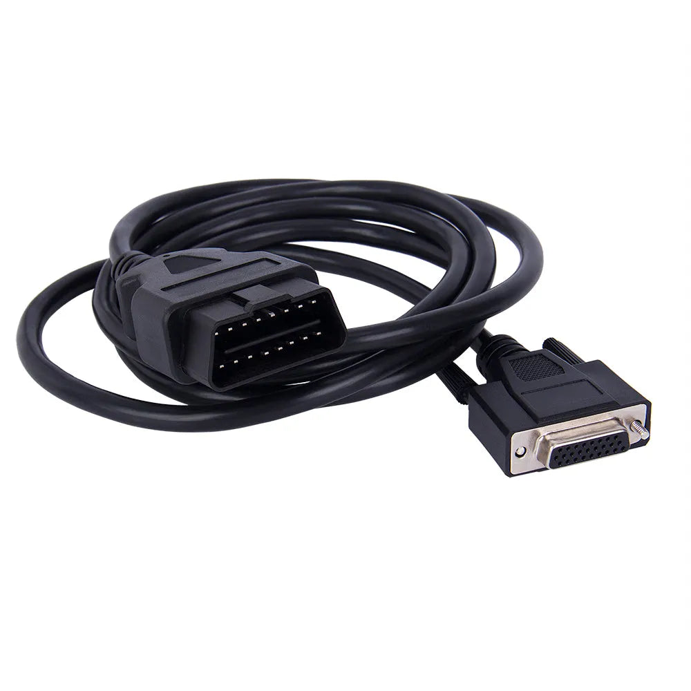 Black OBD2 male to DB26 female extension cable 180cm long with connectors visible