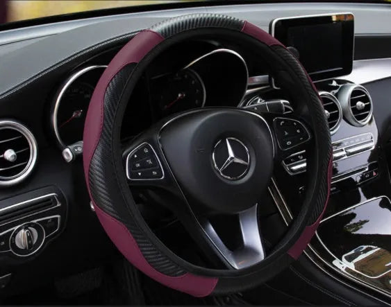 Carbon fibre sports steering wheel cover, 37-38cm universal fit, black carbon fibre and wear-resistant fibre leather.