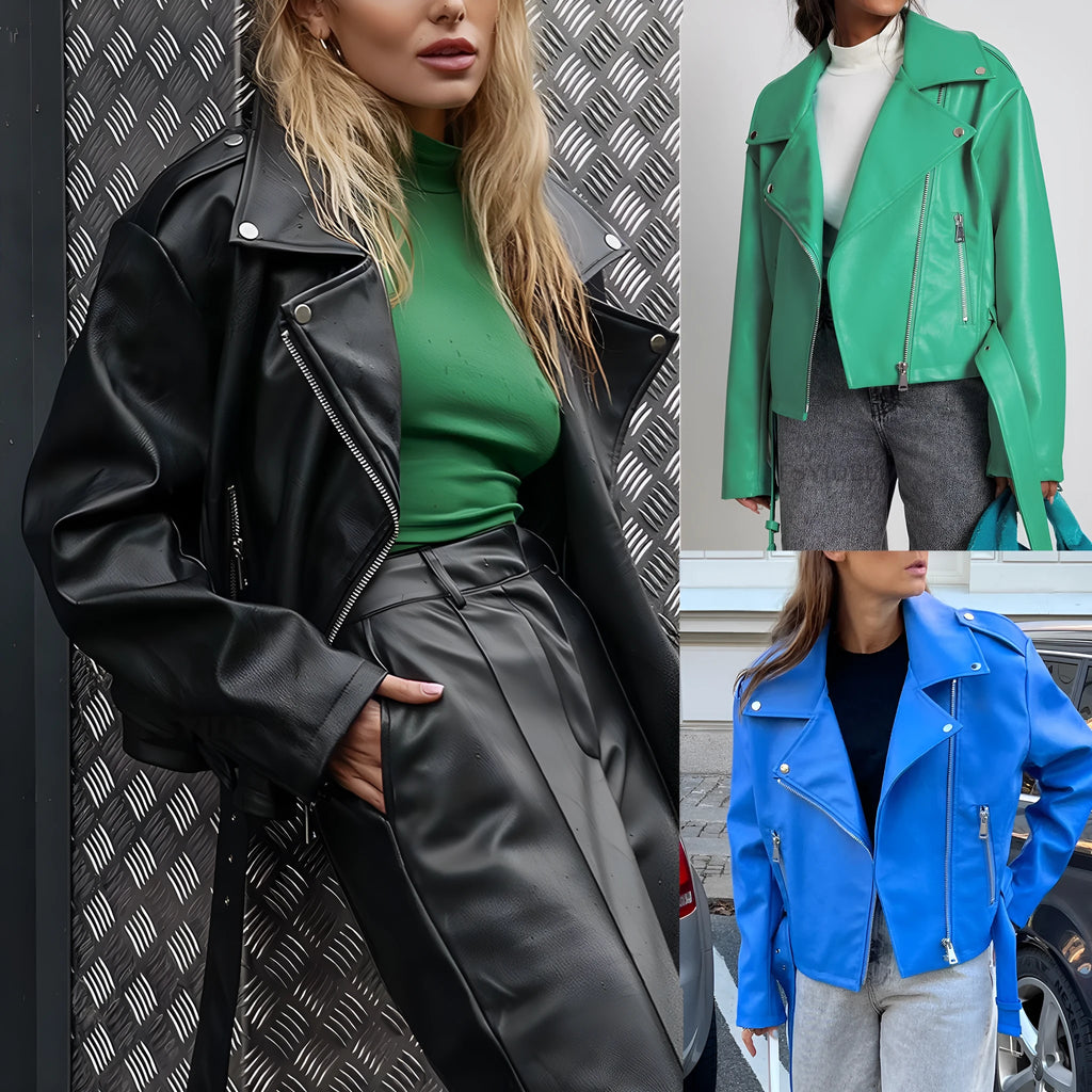 Black leather-style punk jacket with a Peter Pan collar and a drawstring waist, laid flat.