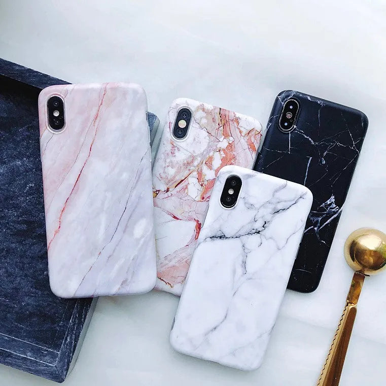 Silicone marble and camouflage phone case for iPhone 6 to XS Max in white crack, black crack, white marble, red, and nude