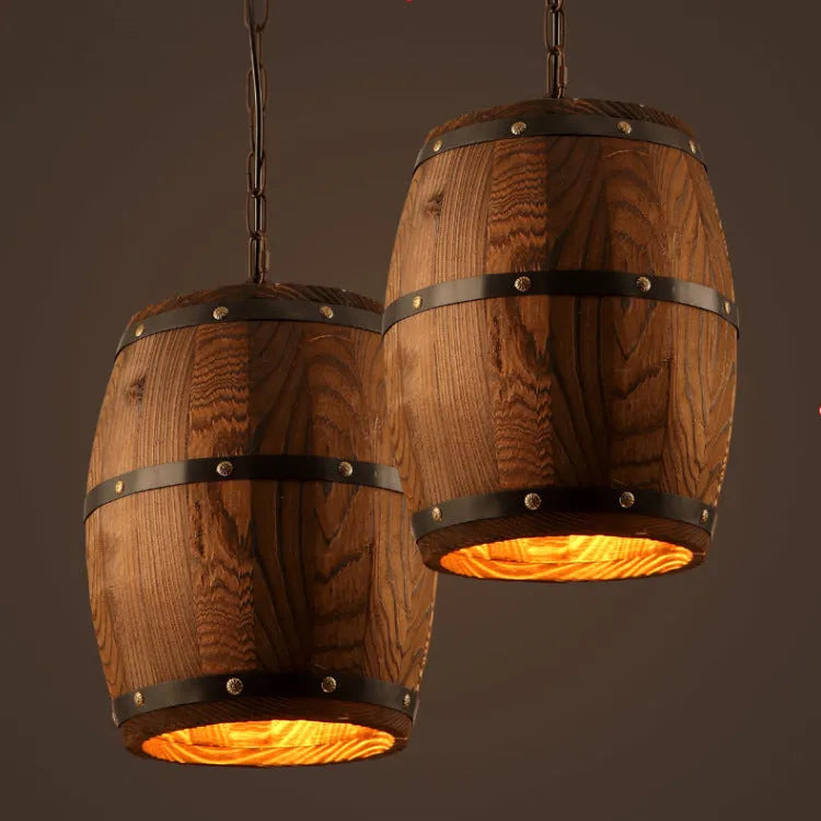 Creative wine barrel wooden chandelier with adjustable height and E27 LED base