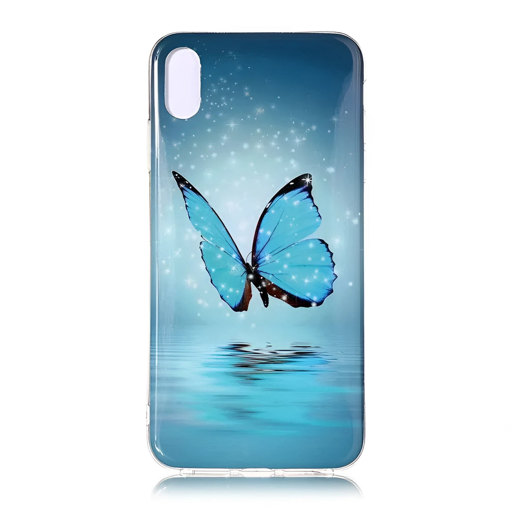 Luminous glow-in-the-dark TPU iPhone case with a cartoon butterfly design on the back.