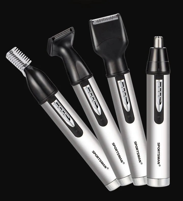 White male electric nose hair trimmer set with multiple grooming heads and USB charging cable