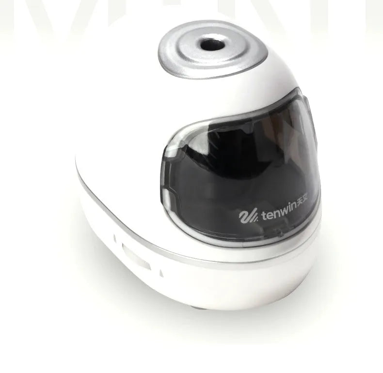 Electric pencil sharpener with three-speed dial and auto-stop, plastic body, black colour, compact size