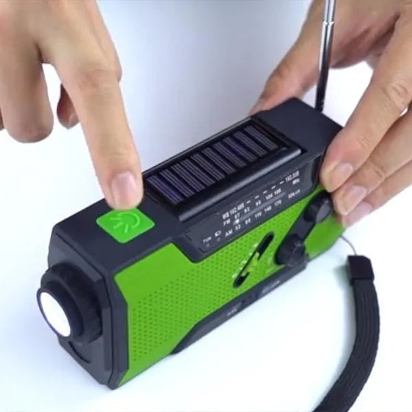 Pocket solar radio in engineering plastic, waterproof, solar charging, available in green, red, white, and yellow.