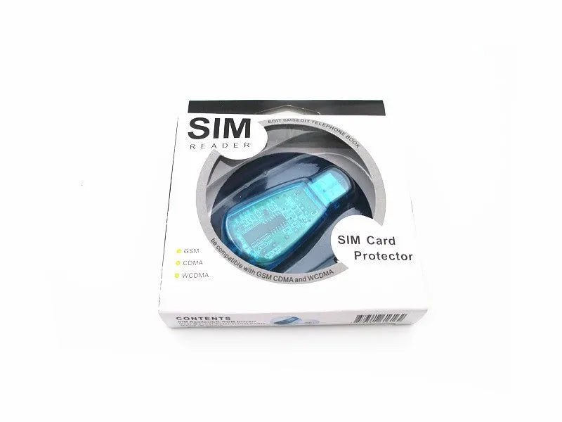 Blue mobile phone SIM card reader with USB 2.0 connector for computer data transfer