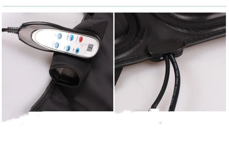 Black car massager with deep massage head and heating function for neck and waist relief on a car seat