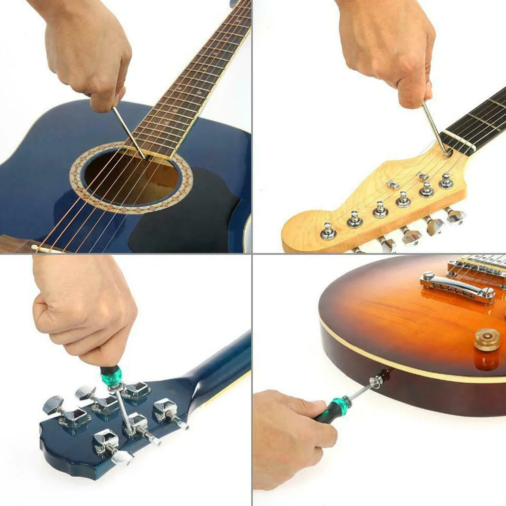 Black ABS plastic case open to reveal 11 metal guitar repair tools including a winder, cutter, ruler, and multi-tool.