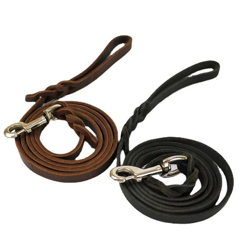 Cowhide leather dog walking rope with leather handle in light brown colour