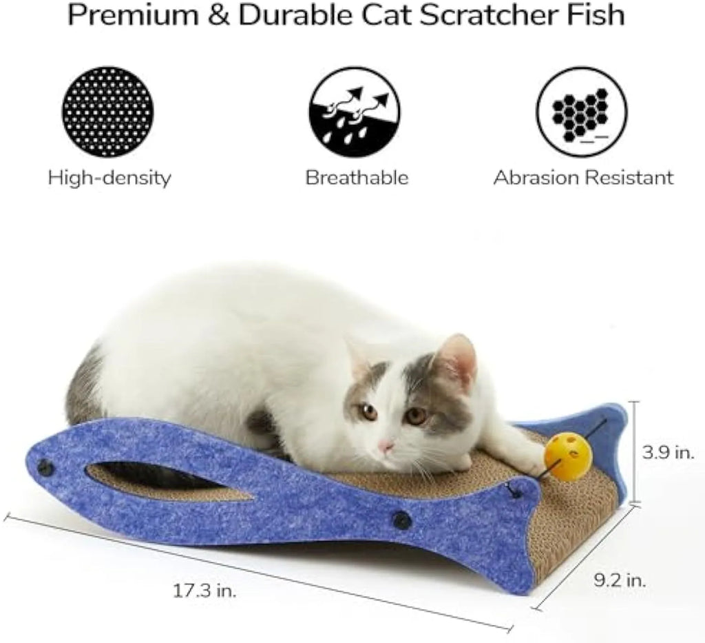 Blue fish-shaped cardboard cat scratcher lounge with bell ball toys on elastic cord